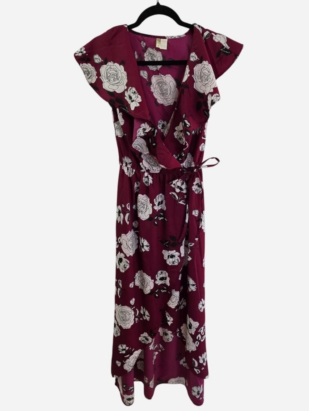 Japna Burgundy Floral Maxi Dress with White Rose Print